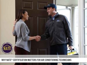 image of man shaking hands with woman that says NATE® Certification Matters for Air Conditioning Technicians
