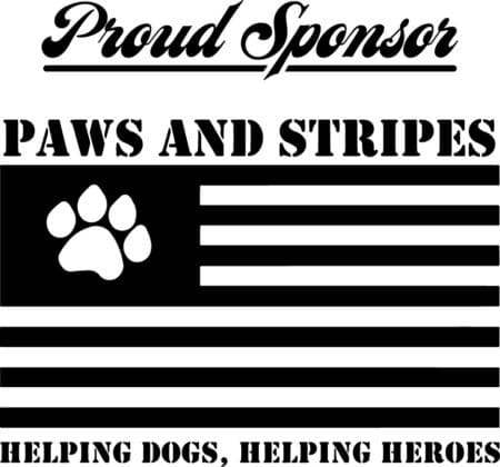 black and white flag that says Proud Sponsor Paws and Stripes Helping Dogs, Helping Heroes.