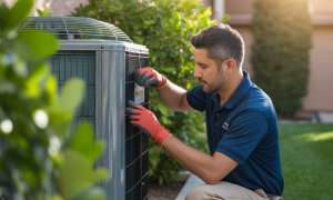 HVAC technician repairing an outdoor AC unit in a residential backyard.