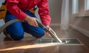HVAC technician cleaning air ducts with a vacuum hose.