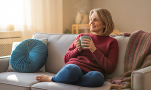 Homeowner relaxing on a sofa with a warm drink in a comfortable home.