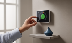 Hand adjusting a smart thermostat set to eco mode