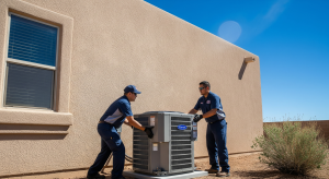 Two HVAC technicians installing a new outdoor air conditioning unit at a home.