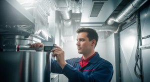 HVAC technician using a digital caliper to measure air ducts inside a commercial system.