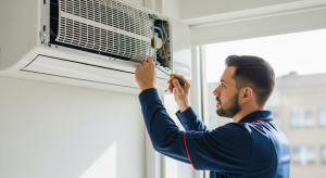 HVAC technician repairing a wall-mounted indoor air conditioning unit.