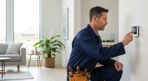 HVAC technician adjusting a smart thermostat inside a modern home.
