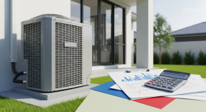 Outdoor AC unit with financial paperwork, charts, and a calculator placed nearby.
