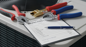 HVAC inspection checklist with wrenches and tools placed on top of an outdoor AC unit.