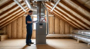 HVAC technician inspecting a furnace system in a residential attic.