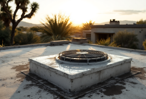 Rooftop HVAC unit inspected during sunset for commercial cooling performance.