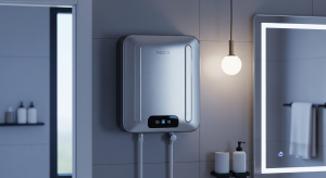 Modern tankless water heater mounted in a residential bathroom.