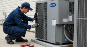 Technician servicing outdoor air conditioner condenser unit