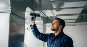 HVAC technician inspecting airflow inside metal duct system