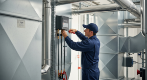 Technician servicing commercial HVAC equipment and piping