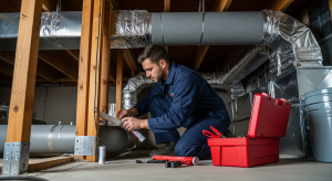 HVAC technician sealing ductwork in residential crawlspace