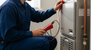 HVAC technician performing electrical diagnostics on furnace unit