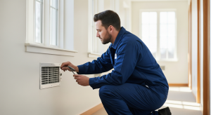 HVAC technician inspecting wall air vent inside residential hallway