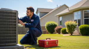 HVAC technician inspecting outdoor air conditioning unit at residential home