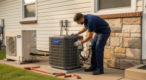 HVAC technician servicing residential air conditioning unit