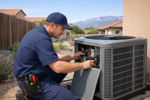 HVAC technician repairing electrical components inside an outdoor air conditioning unit.