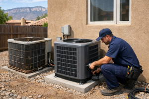 HVAC technician installing a new outdoor air conditioning unit next to an older system.