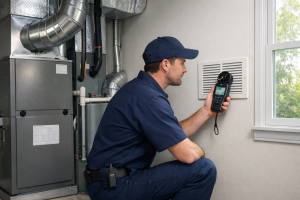 HVAC technician measuring airflow at a residential air vent using a digital anemometer.