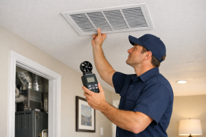 HVAC technician measuring airflow from a ceiling vent inside a home.