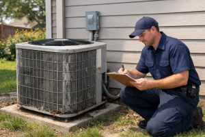 HVAC technician documenting inspection results beside an outdoor air conditioning unit.