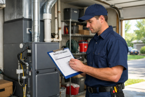HVAC technician completing a service estimate form next to a residential furnace.
