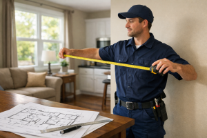 HVAC technician measuring interior space while reviewing home system plans.