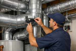 HVAC technician adjusting a zoning damper on residential ductwork.
