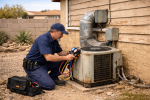 HVAC technician checking refrigerant pressure on an outdoor air conditioning unit.