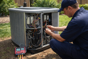 HVAC technician repairing electrical wiring inside outdoor AC unit