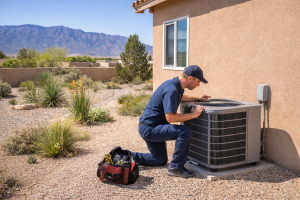 HVAC technician inspecting outdoor air conditioning unit beside home