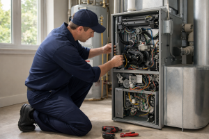 HVAC technician inspecting furnace system components indoors