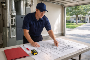 HVAC technician reviewing home blueprints for system installation