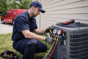 HVAC technician checking refrigerant levels with gauges on AC unit
