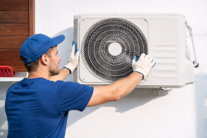 Technician installing outdoor air conditioning unit on wall