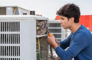 Technician repairing electrical components inside AC unit