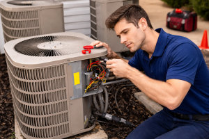 HVAC technician repairing outdoor air conditioning unit wiring