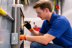Technician repairing furnace system with tools and safety gear