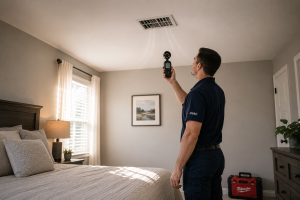 HVAC technician measuring airflow from ceiling vent inside residential bedroom