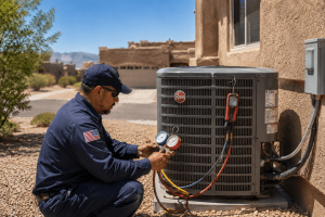HVAC technician checking refrigerant gauges on outdoor AC unit