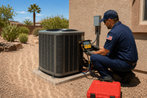 HVAC technician inspecting an outdoor AC unit during a hot summer day