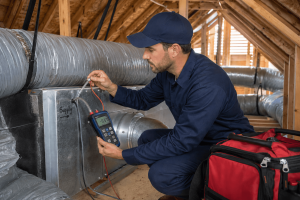HVAC technician measuring airflow pressure in attic ductwork