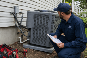 HVAC technician inspecting poorly installed outdoor AC unit