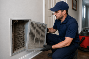 HVAC technician kneels by a wall vent with the cover removed, exposing dusty ductwork inside the wall.