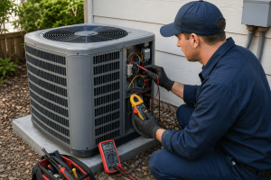 HVAC technician checking outdoor AC condenser with diagnostic tools