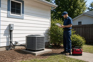 HVAC technician inspecting a residential AC condenser unit