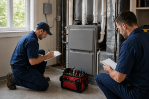 Two HVAC technicians inspecting a residential furnace in a utility room